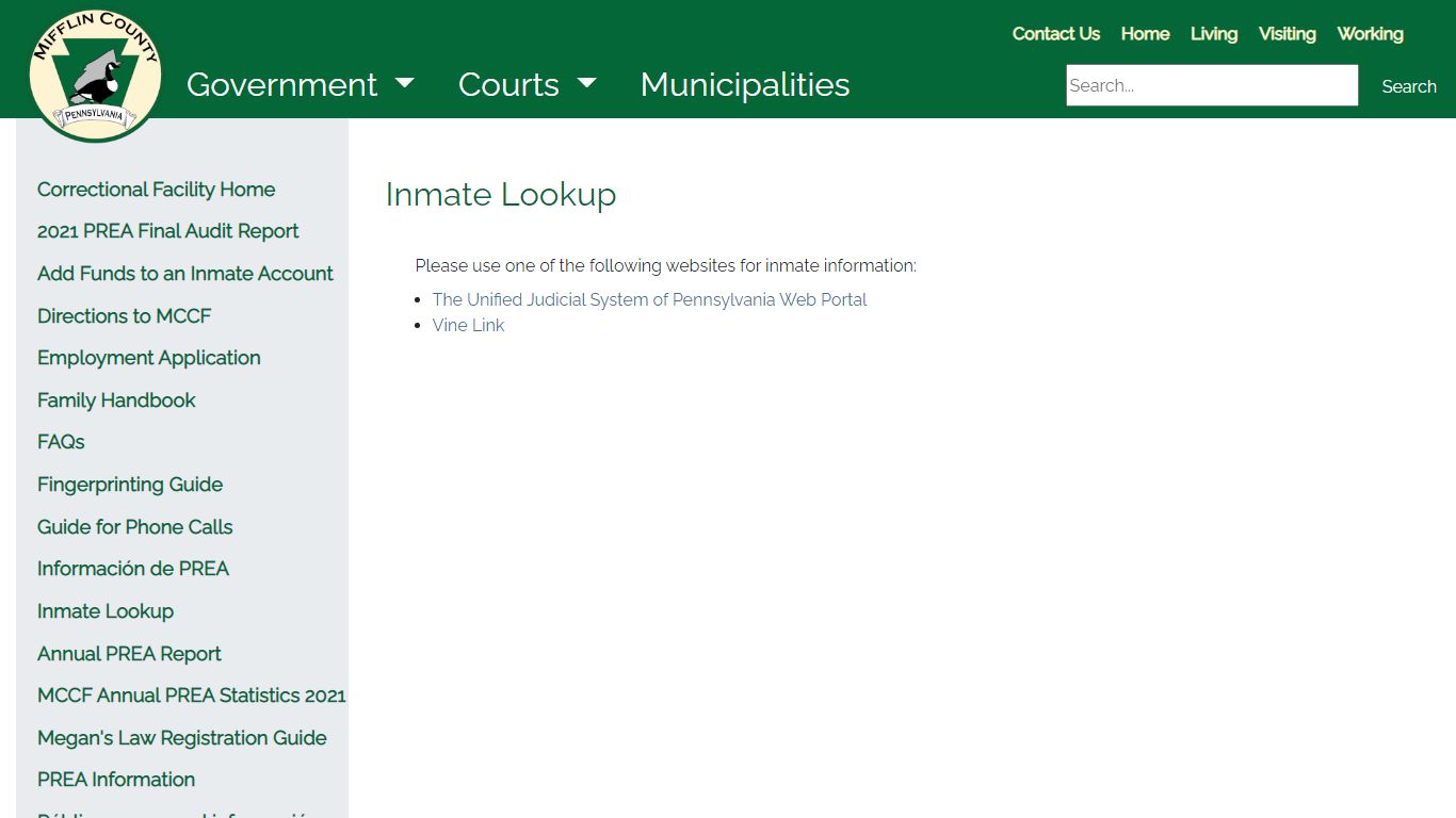 Mifflin County PA - Inmate Lookup