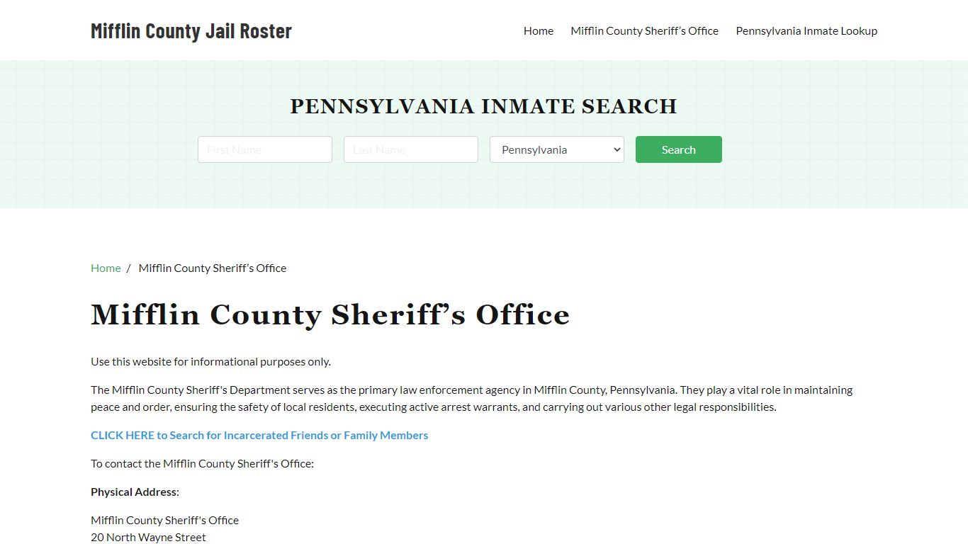 Mifflin County Sheriff Office, PA, Arrest Warrants Search